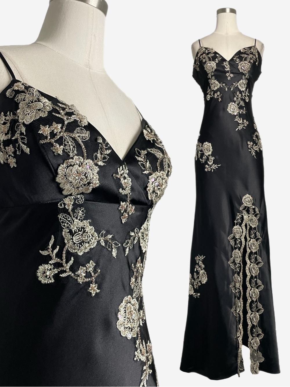 Vintage Y2K Niki Livas black satin floral embroidered beaded maxi slip dress XS